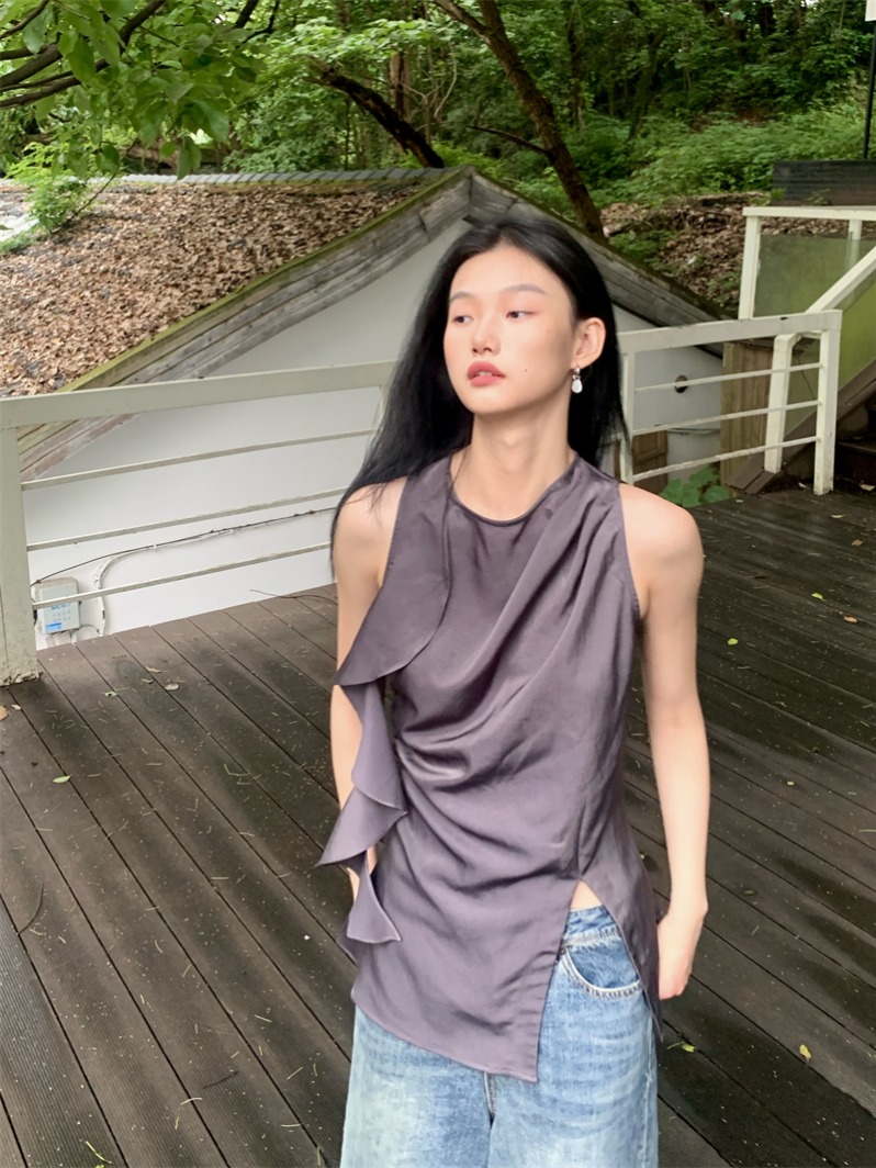 Women's Satin Texture Ruffle Ribbon Pleated Slit Camisole Tank Top